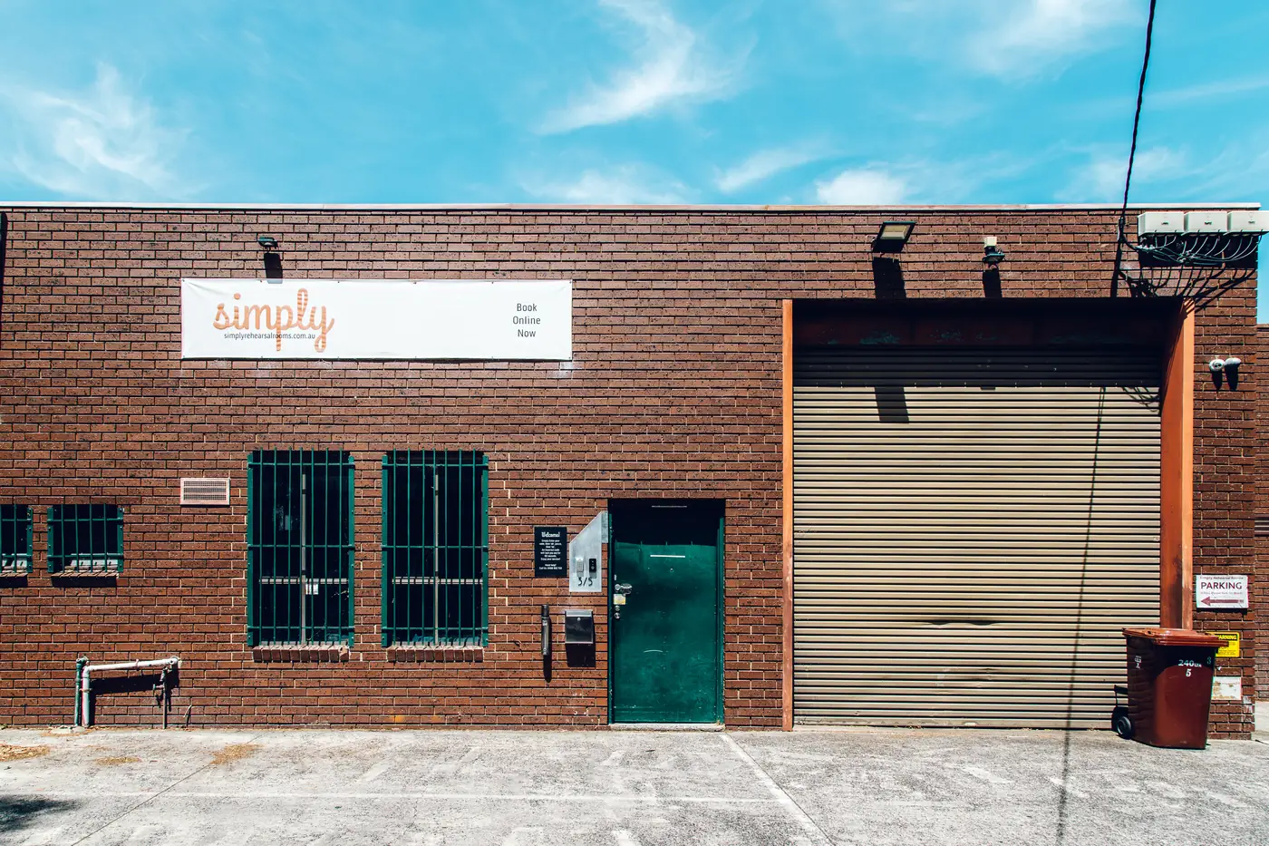 The Simply Rehearsal Rooms building in Wantirna South, with the simply sign above the roller door